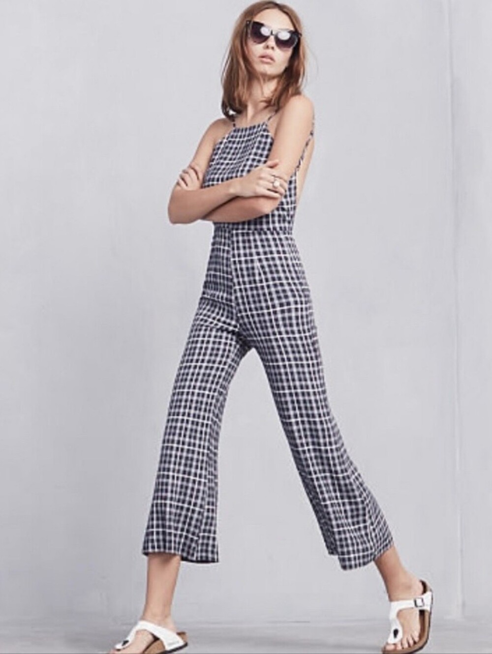 Reformation Birchwood Check Plaid Wide Leg Jumpsuit XS Navy White Backless